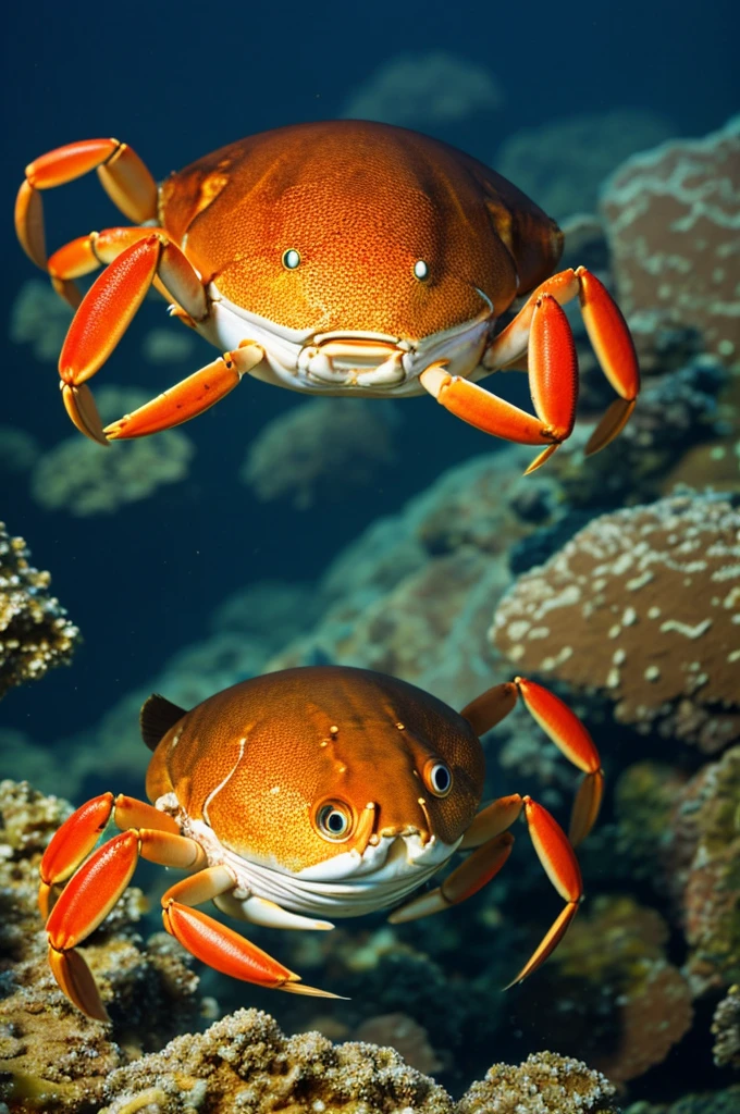 A fish with arms lifting a crab