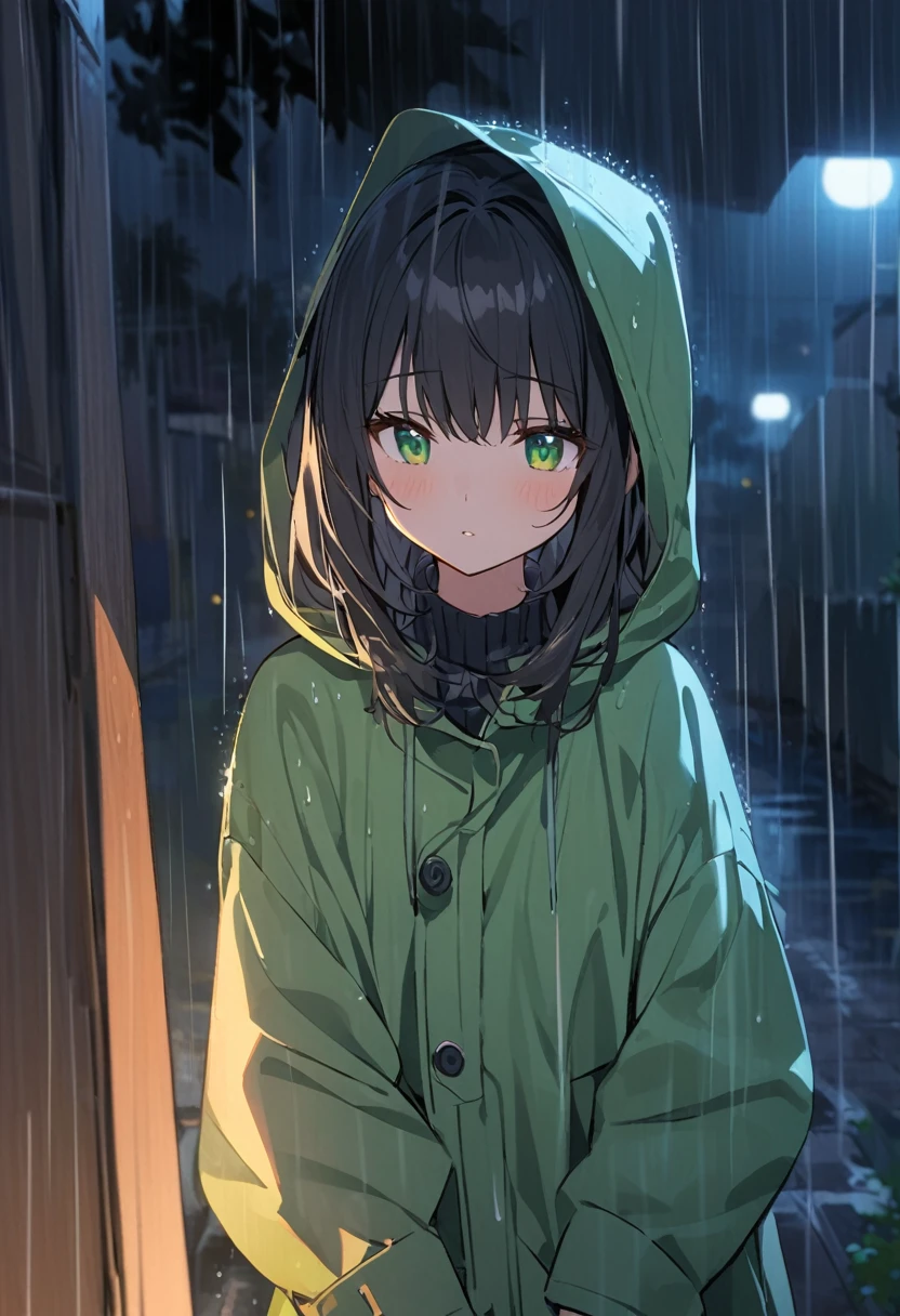 girl.Black hair green eyes.At night in the rain