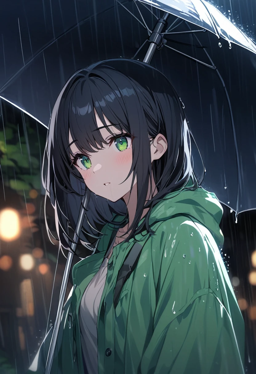 girl.Black hair green eyes.At night in the rain