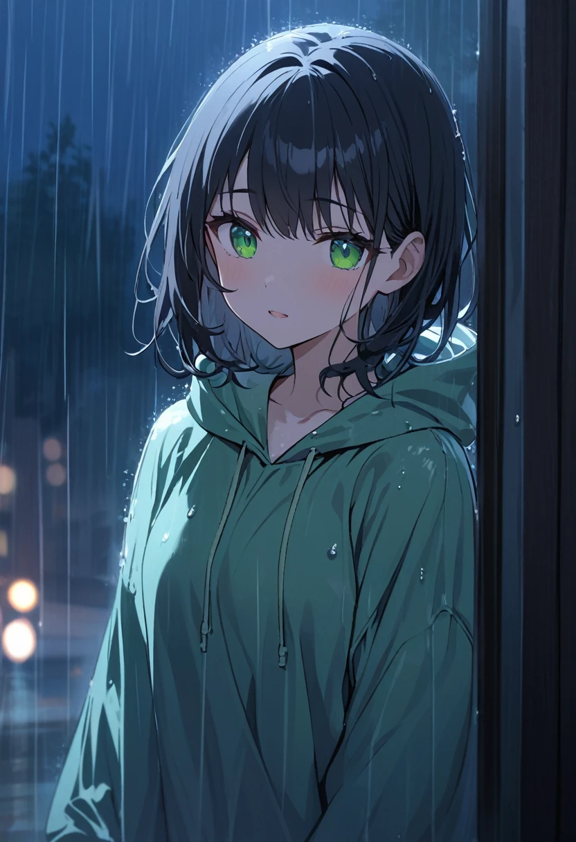 girl.Black hair green eyes.At night in the rain