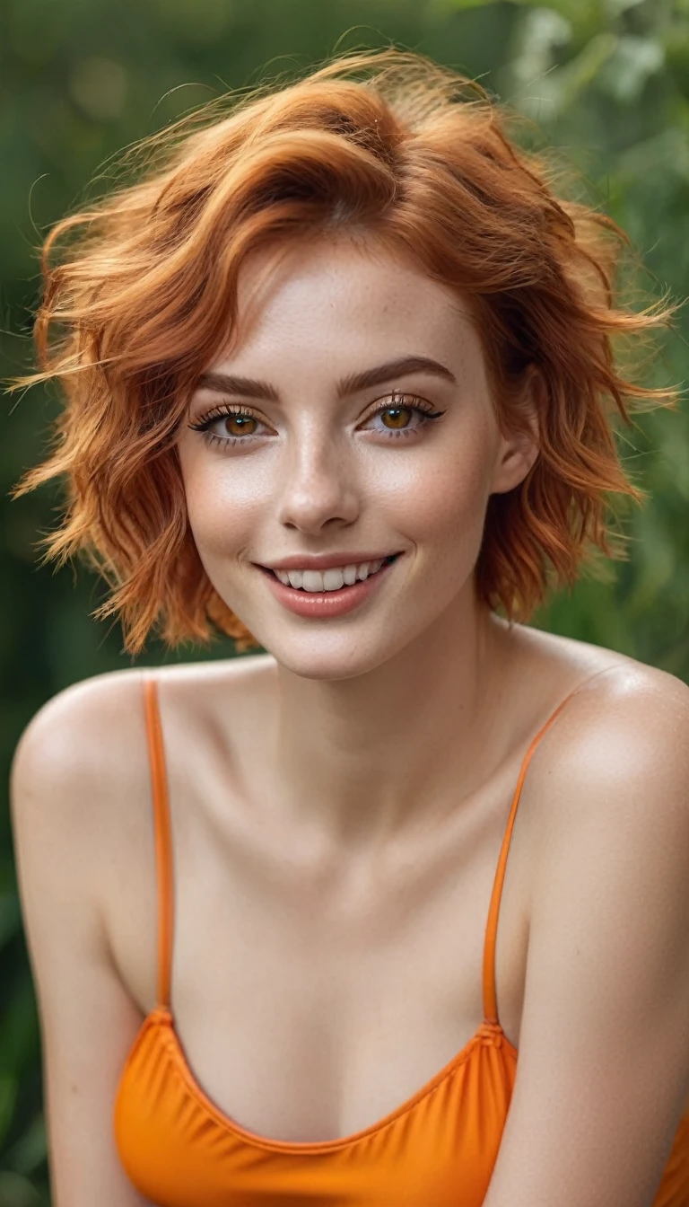ultrarealistic high quality upperbody photo of 2 beautiful slim european 25-year-old women with cute hyperdetailed shy happy face and natural redhead short messy hair and long legs, realistic round hazel eyes, natural lips, decent makeup with eyeliner, wearing shiny metallic orange swimsuit, hourglass body, outdoor shooting