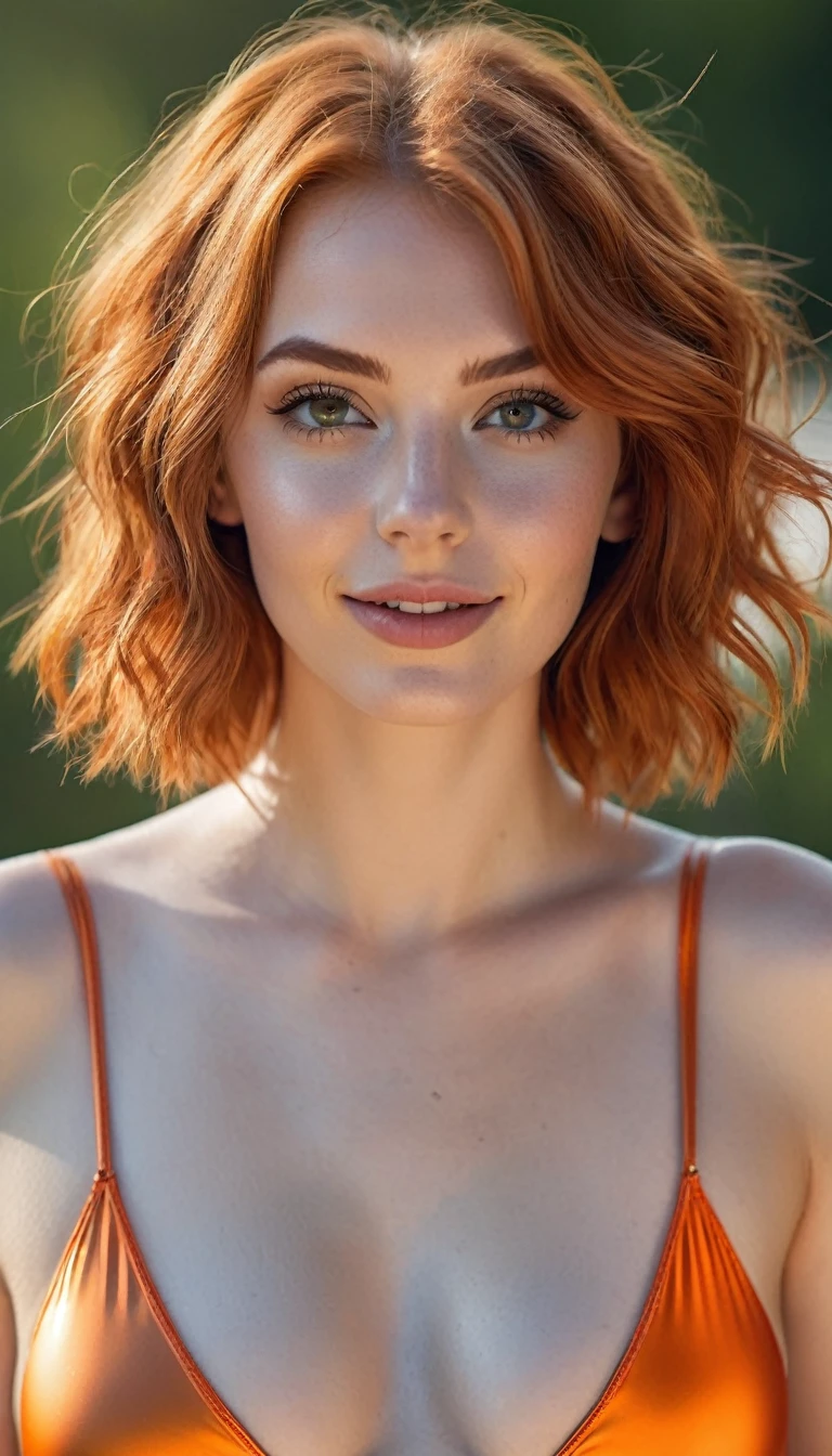 ultrarealistic high quality upperbody photo of 2 beautiful slim european 25-year-old women with cute hyperdetailed shy happy face and natural redhead short messy hair and long legs, realistic round hazel eyes, natural lips, decent makeup with eyeliner, wearing shiny metallic orange swimsuit, hourglass body, outdoor shooting