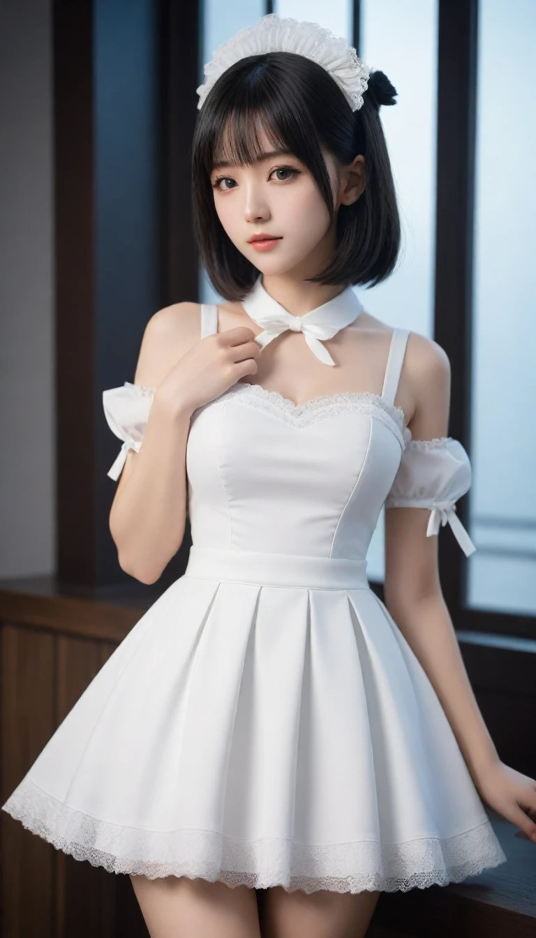 8K, Ultra-high resolution, best quality, masterpiece, 三分割法によるphoto,Surreal, photo, 1 girl, (16 years old:1.3), pretty girl, Cute face, Beautiful eyes in every detail, 細かくdetailedに,masterpiece,A girl:1.2, Japanese female announcer, whole body,Dazzling,Black Hair,Bob with Bangs,The city of the near future,Cyberpunk,(best quality, 8K, masterpiece, Best image quality, Ultra HD, Skin is delicate and smooth, Realistic skin, 完美beauty的脸庞 ,完璧でCute face, Attention to skin details, Perfect limbs、Willow Waist、Thin legs)、Browse、Sullen face、(The fusion of lolita fashion and maid outfit),Beautiful leg line beauty,Looking at the audience、beauty,Long Neck、(((Ideal body shape))),A cup small breasts :2,、image:2、Perfect anatomical structure、鮮明なdetailed、detailed、Surreal、Light and Shadow,glare