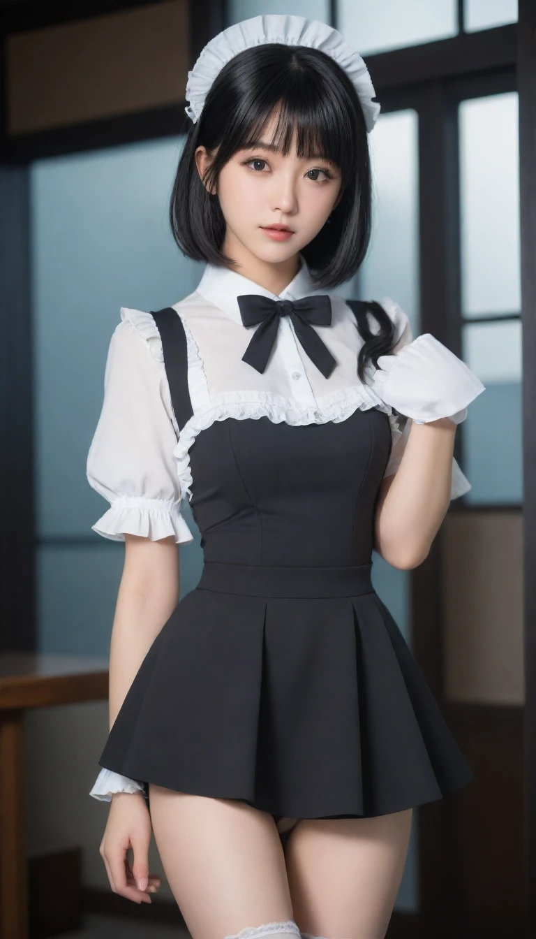 8K, Ultra-high resolution, best quality, masterpiece, 三分割法によるphoto,Surreal, photo, 1 girl, (:1.3), pretty girl, Cute face, Beautiful eyes in every detail, 細かくdetailedに,masterpiece,A girl:1.2, Japanese female announcer, whole body,Dazzling,Black Hair,Bob with Bangs,The city of the near future,Cyberpunk,(best quality, 8K, masterpiece, Best image quality, Ultra HD, Skin is delicate and smooth, Realistic skin, 完美beauty的脸庞 ,完璧でCute face, Attention to skin details, Perfect limbs、Willow Waist、Thin legs)、Browse、Sullen face、(The fusion of lolita fashind maid outfit),Beautiful leg line beauty,Looking at the audience、beauty,Long Neck、(((Ideal body shape))),A cup small breasts :2,、image:2、Perfect anatomical structure、鮮明なdetailed、detailed、Surreal、Light and Shadow,glare