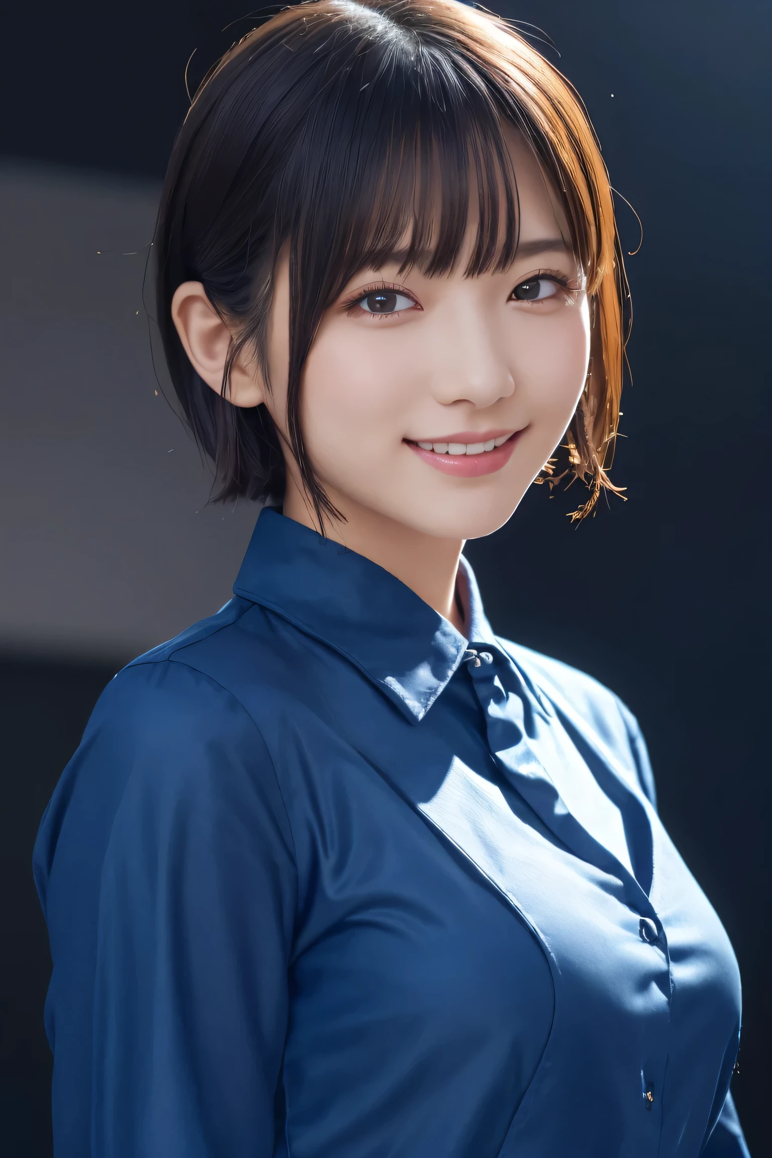 1 Girl, (Wearing colorful stage costumes:1.2), Very beautiful Japanese idol portraits, Face close-up, (RAW Photos, Highest quality), (Realistic, Realistic:1.4), (masterpiece), Very delicate and beautiful, Very detailed, 2k wallpaper, wonderful, finely, Very detailed CG Unity 8K wallpaper, Very detailed, High resolution, Soft Light, Beautiful detailed girl, Very detailed目と顔, Beautiful and sophisticated nose, Beautiful and beautiful eyes, Cinema Lighting, (Simple light color background:1.3), (short hair), (Bob), Complete Anatomy, Slender body, Small breasts, smile、In town