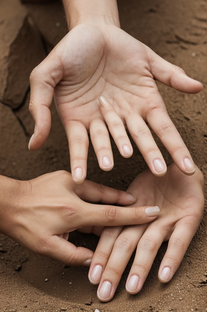 "Generate an image showing male Caucasian hands: one hand displaying the top with very dry skin and two brown, hard, discolored fingernails, and the other hand showing the palm with very dry skin and blisters all over."