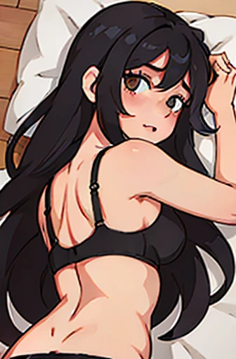 Girl with long black hair, hair between the eyes, lying on a bed, showing her ass to the camera, showing her panties, black bra, usando um black bra