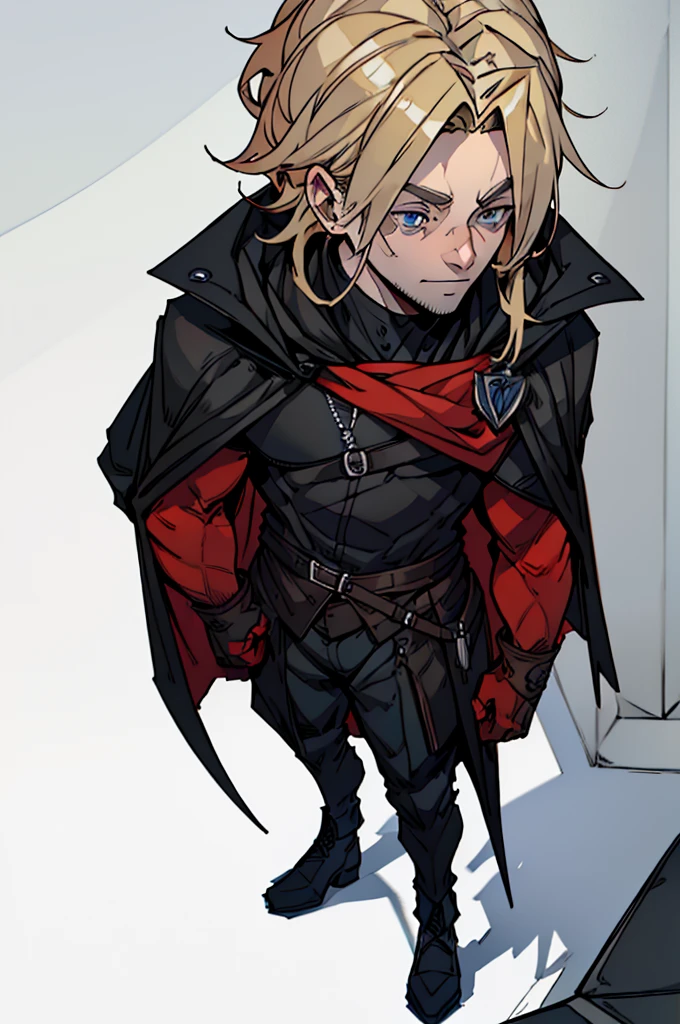 A tall man, defined body, medium blond hair combed back, blue eyes, wearing an all-black outfit, except for some red outlines and details, with a cape on the back, with the inside being red and the outside being black, homelander, homelander's clothes, full body shot, whole body, detail in background