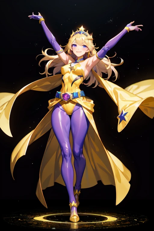 ((best quality)), ((masterpiece)), (detailed), 1 girl, Full body, 19 years old, Smiling face, Blue eyes, Star-shaped tiara, Arms outstretched, Arms behind waist, Eye mask, Blue superhero mask, Blushing, Blonde hair, Straight hair, Long hair, Bangs, 2 star clips on the sides of hair, Full body, Medium breasts, Slim body, Hands with yellow stars, Yellow wristbands, Long yellow gloves, Purple gloves, Superhero costume, Superheroes, Yellow leotard suit, With a big yellow star in the center, Star emblem, Somewhat tight, Long yellow cape on waist, Red belt, Purple legs, Purple pantyhose, Purple boots, Flying, City background, Anime