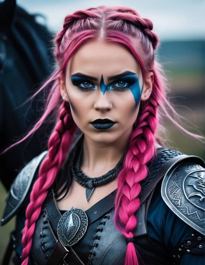 very attractive 25 year old girl with long wavy bright pink hair, a scary viking warrior woman with dark makeup with hair in braids, three quarter view, in the style of dark silver and dark gray, scandinavian, leather/hide, strong facial expression, dark gray and blue, war photography, exaggerated facial features  ar 75:128  v 5.2