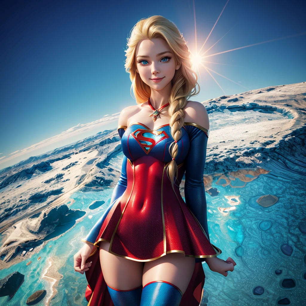 The character Supergirl, extremely beautiful face, extremely blond hair, beautiful anatomy, perfect blue and red costume, sneaky smile, perfect smooth curves, beautiful brilliant blue eyes 