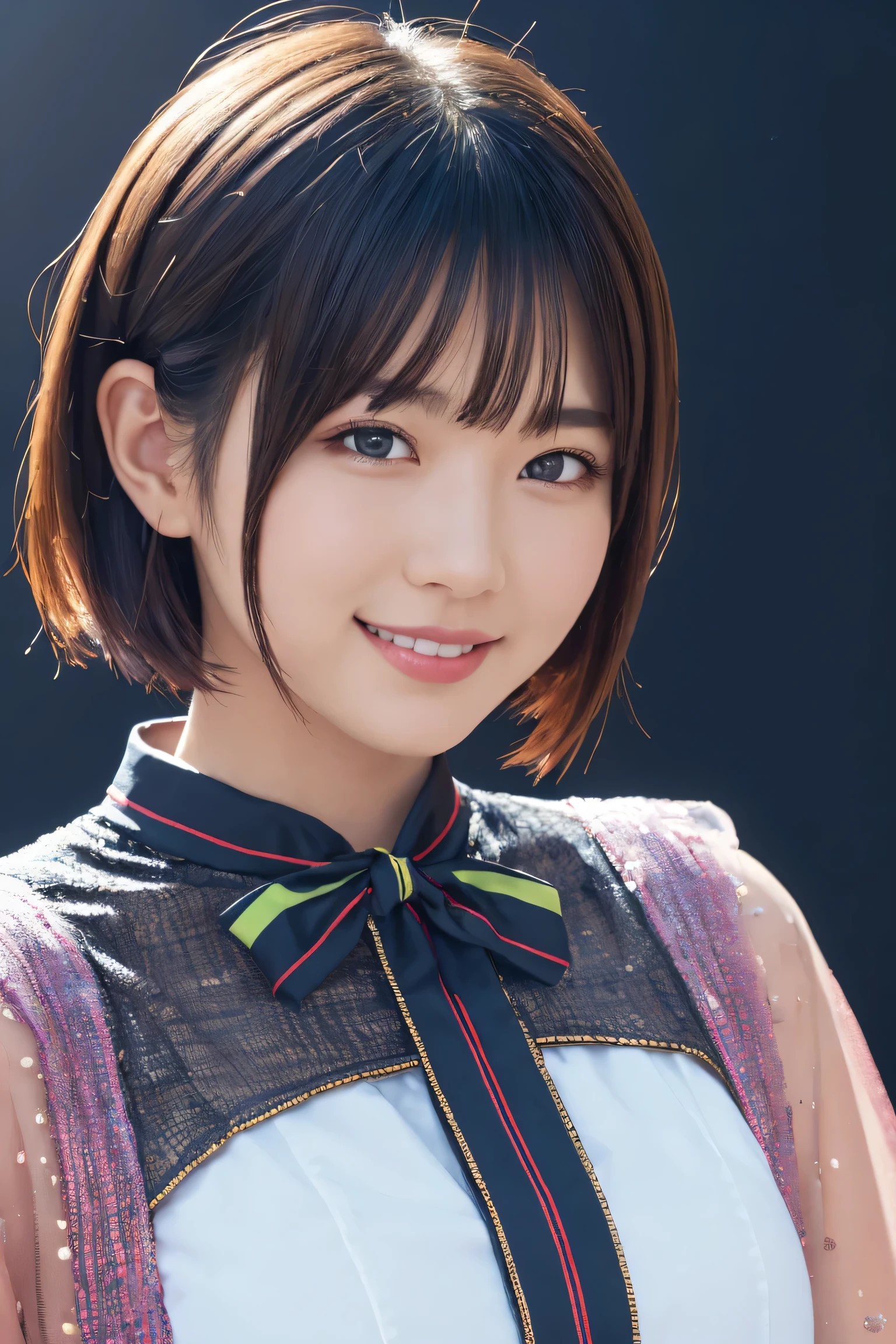 1 Girl, (Wearing colorful stage costumes:1.2), Very beautiful Japanese idol portraits, Face close-up, (RAW Photos, Highest quality), (Realistic, Realistic:1.4), (masterpiece), Very delicate and beautiful, Very detailed, 2k wallpaper, wonderful, finely, Very detailed CG Unity 8K wallpaper, Very detailed, High resolution, Soft Light, Beautiful detailed girl, Very detailed目と顔, Beautiful and sophisticated nose, Beautiful and beautiful eyes, Cinema Lighting, (Simple light color background:1.3), (short hair), (Bob), Complete Anatomy, Slender body, Small breasts, smile、In town