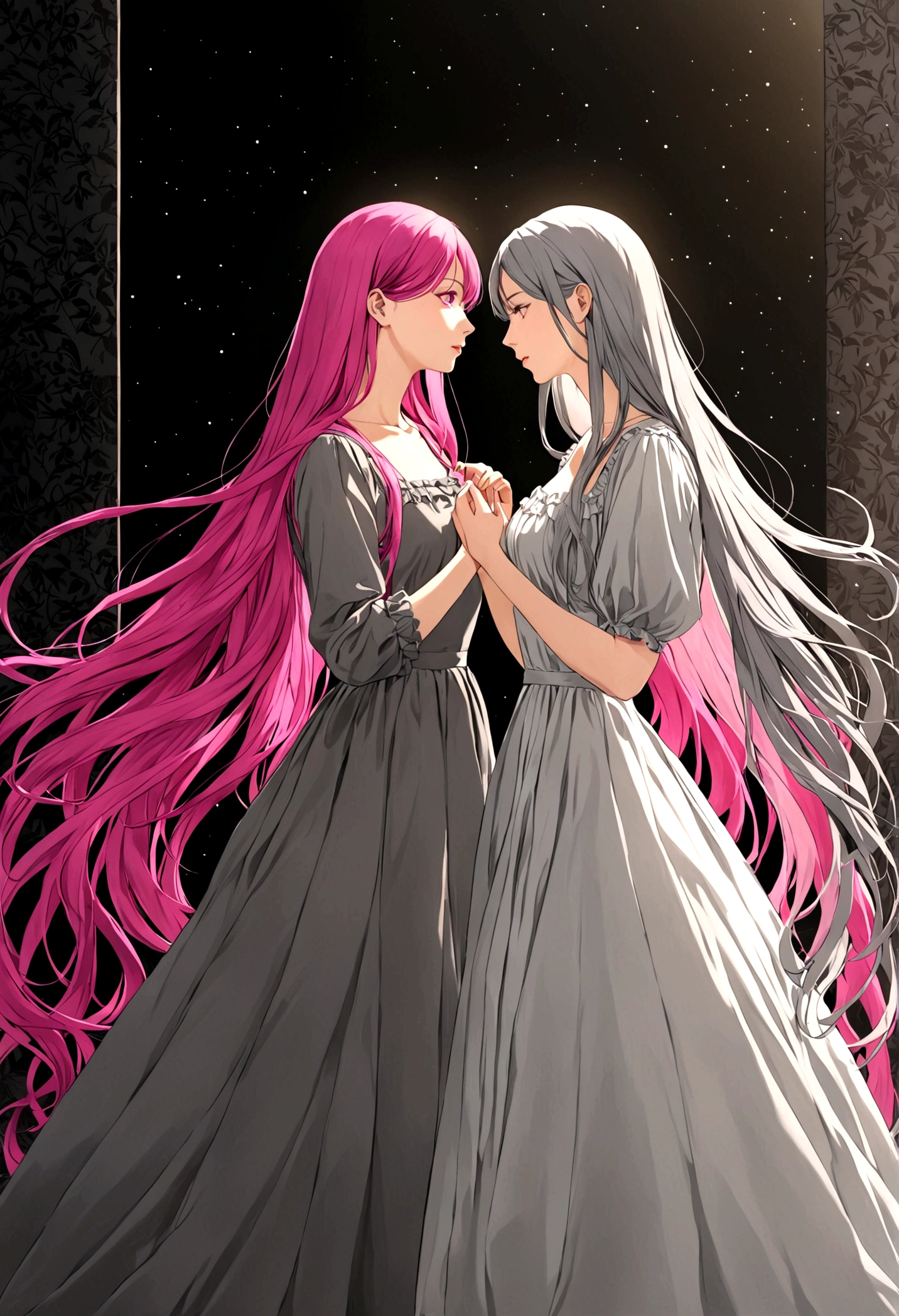 There are two women standing in front of each other, one of them has long magenta hair,she wears a long gray dress with frills