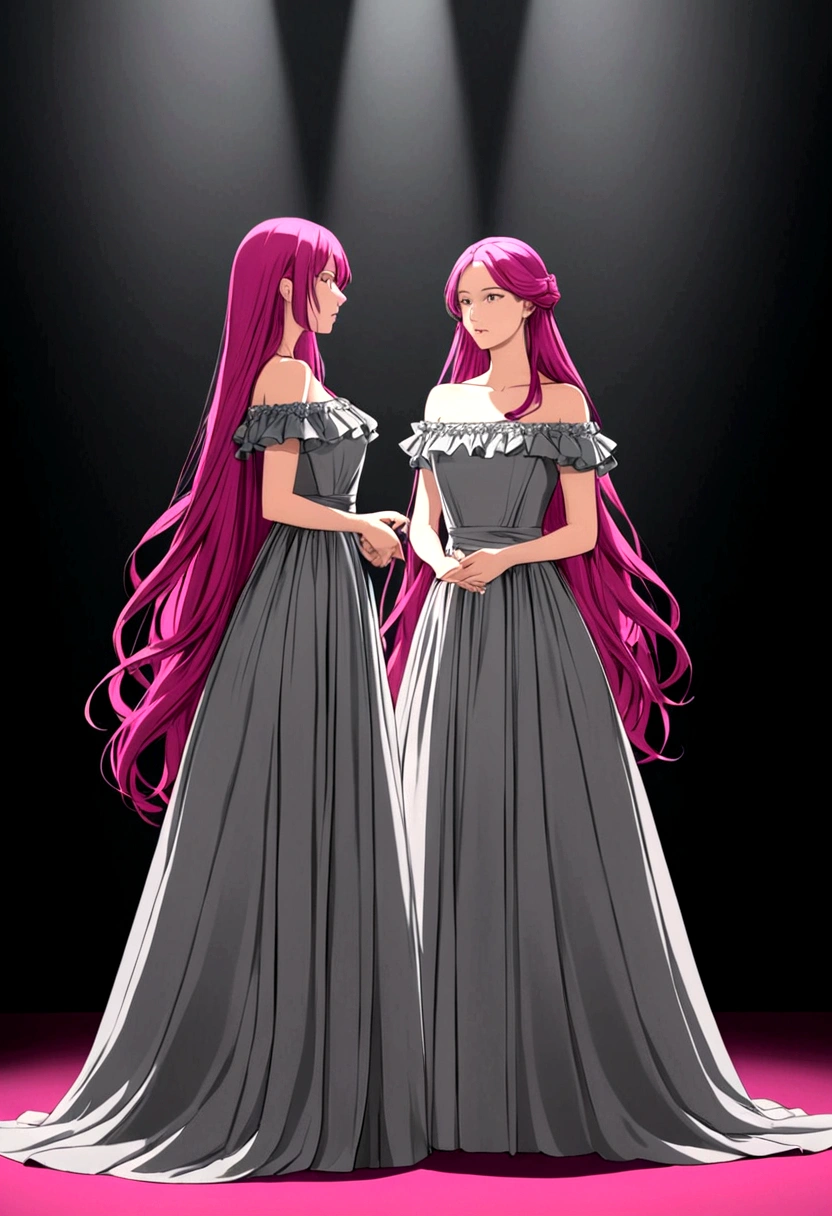 There are two women standing in front of each other, one of them has long magenta hair,she wears a long gray dress with frills