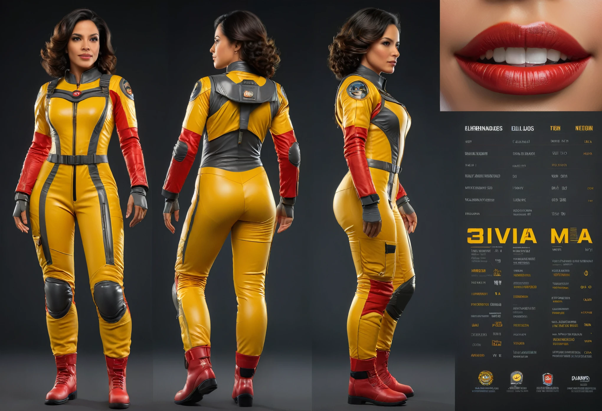 a dynamic photorealistic full-body ((character sheet ))of 30 years old ELVA LUISA HERNANDES, ((front view, side view, back biew)), of colombian origin, of latin american origin, fit appearance, a fighter. in yellow red spacesuit, very short black wavy hairs, broad chin, robust appearance, perfect anatomies, detailed faces, detailed skins, detailed eyes and mouths, well aligned teeth, high quality, 4k resolution, photographic, hyperrealistic, dark grey vibrant background, neutral background, color graded background,