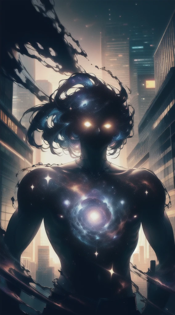 a badass man, partially human face, the rest is all in cosmos, looking up at the sky, space, (best quality,4k,8k,highres,masterpiece:1.2),ultra-detailed,(realistic,photorealistic,photo-realistic:1.37), hdr, uhd, studio lighting, ultra-fine painting, sharp focus, physically-based rendering, extreme detail description, professional, vivid colors, bokeh, concept art, dramatic lighting, cinematic composition, awe-inspiring, otherworldly, mesmerizing, stunning, breathtaking