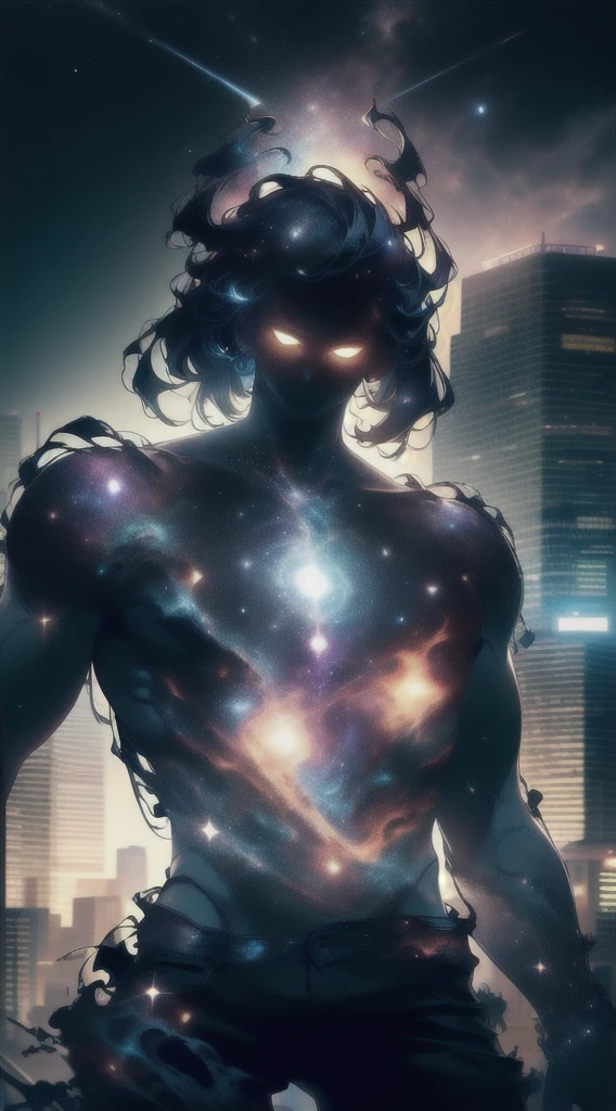 a badass man, partially human face, the rest is all in cosmos, looking up at the sky, space, (best quality,4k,8k,highres,masterpiece:1.2),ultra-detailed,(realistic,photorealistic,photo-realistic:1.37), hdr, uhd, studio lighting, ultra-fine painting, sharp focus, physically-based rendering, extreme detail description, professional, vivid colors, bokeh, concept art, dramatic lighting, cinematic composition, awe-inspiring, otherworldly, mesmerizing, stunning, breathtaking