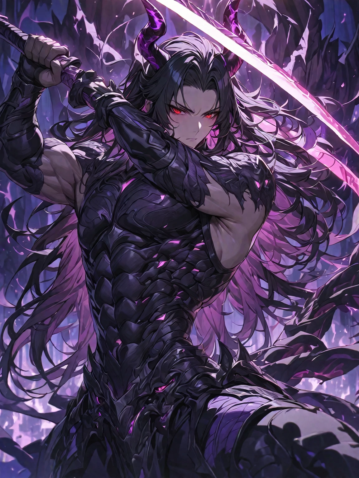 Masterpiece, Very detailed, ultra detailed, one, beautiful, (1 man), with a sporty body, V-shaped shoulders, he is in a fighting pose, black detailed armor with glowing purple details, black demonic horns, long hair, black hair, purple with red eye tones, a man has a huge and long sword in his hand, Black light