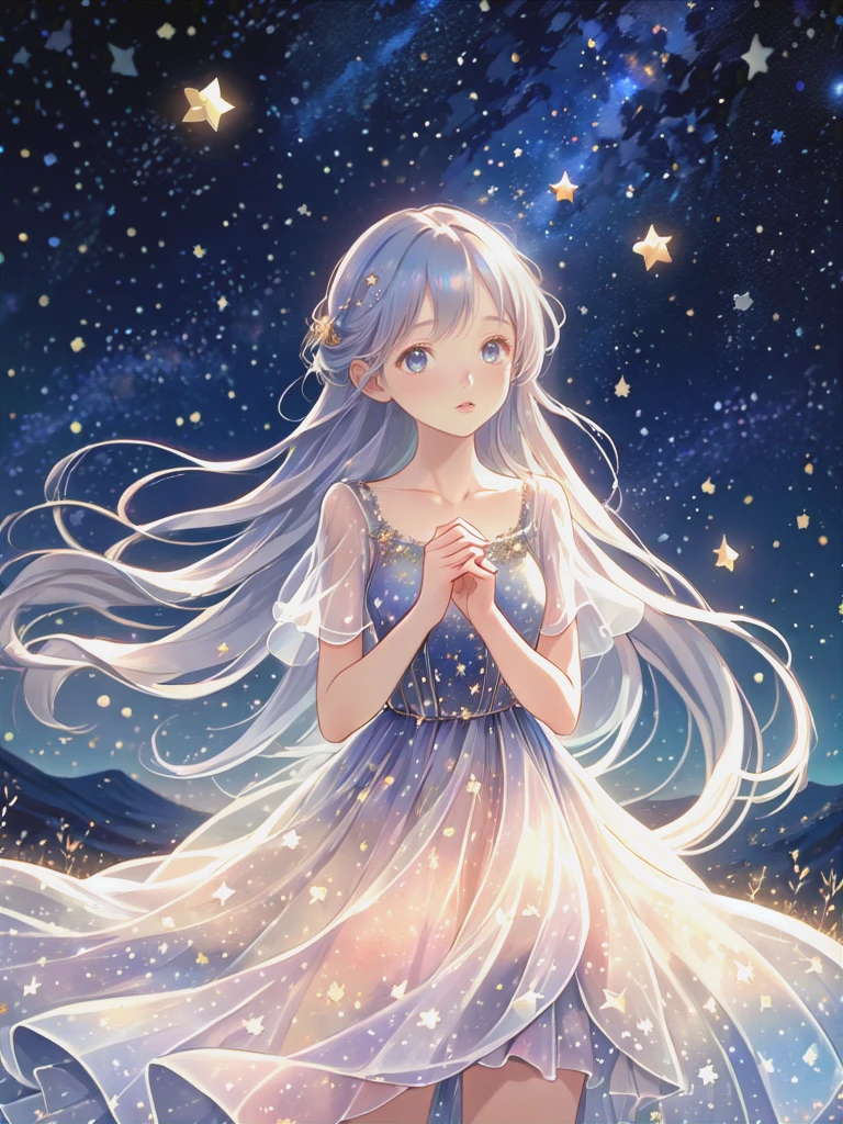 (Masterpiece,best quality,absurdres,4k,8k,highres:1.3),wishing stars, girl wearing an ethereal translucent dress made of starry_sky_print, magical, fantasy, whimsical, complex drawing, highly detailed, ethereal, starry night, midjourney style