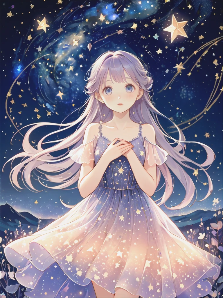 (Masterpiece,best quality,absurdres,4k,8k,highres:1.3),wishing stars, girl wearing an ethereal translucent dress made of starry_sky_print, magical, fantasy, whimsical, complex drawing, highly detailed, ethereal, starry night, midjourney style