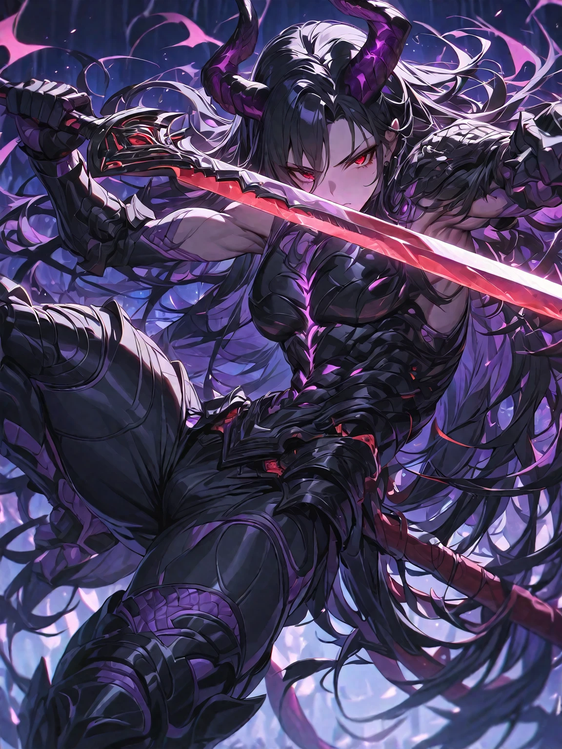 Masterpiece, Very detailed, ultra detailed, one, beautiful, (1 man), with a sporty body, V-shaped shoulders, he is in a fighting pose, black detailed armor with glowing purple details, black demonic horns, long hair, black hair, purple with red eye tones, a man has a huge and long sword in his hand, Black light