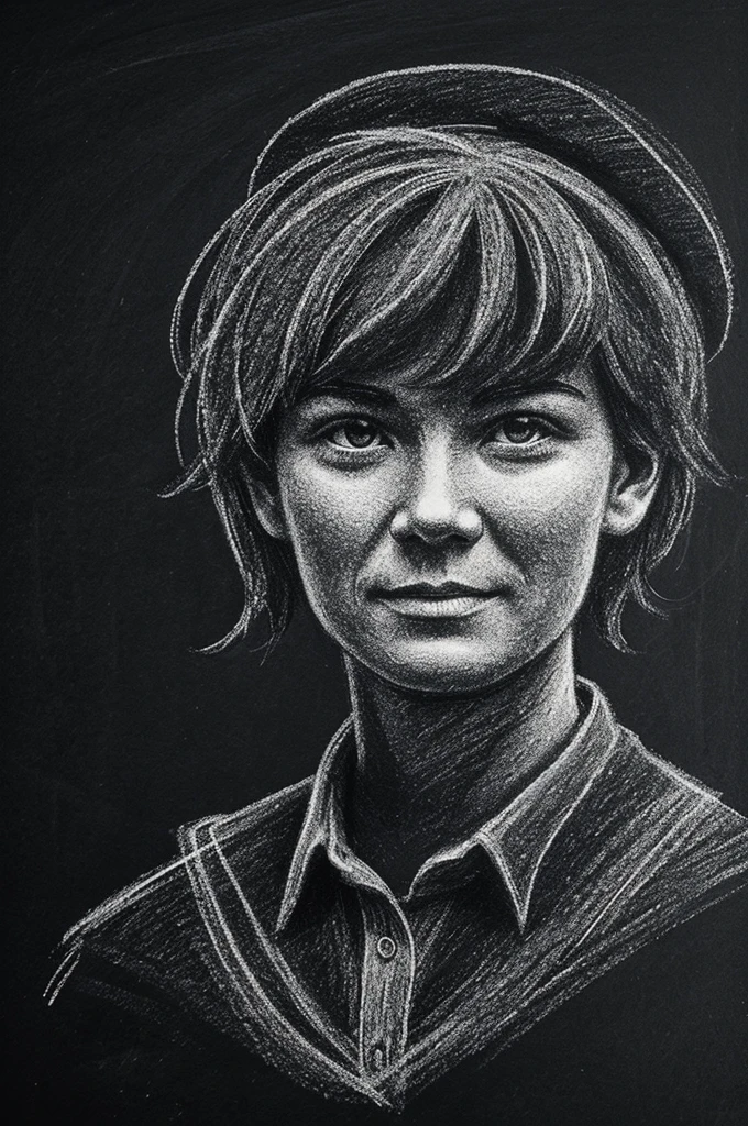 generates an image of a person playing guess the drawing on a blackboard 