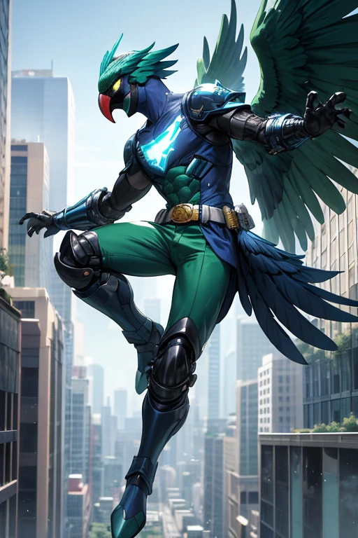 ((best quality)), ((masterpiece)), (detailed), 1 man, full body, 25 years old, masked, blue mask, blue head, uncovered mouth, biker helmet, blue helmet, parrot helmet, black neck, tall, thin, black beak, black details, a green parrot with a blue head on his side, metallic wings, wings on his arms, blue fingerless gloves, blue wristbands, luminous blue wings shooting lasers, blue suit resembling light armor, blue suit with an emblem, entirely green chest, emblem on his chest, green pants, deployable bird tail, metallic feathers, gray knee pads, metallic gray boots, metallic bird claws, black superhero belt, flying through the city, midday city background, anime
