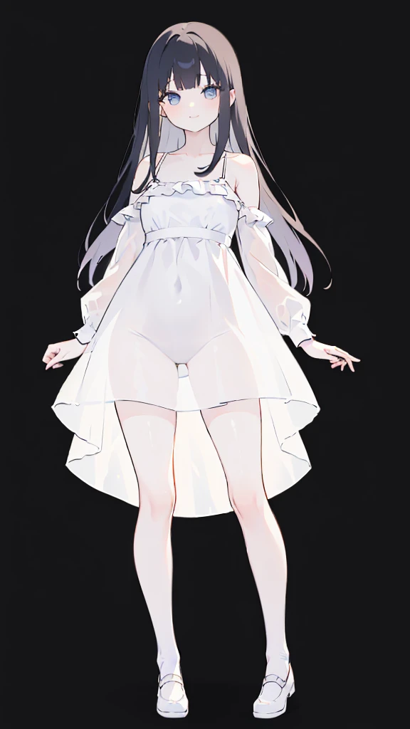 masterpiece, 8K, Detailed face, best quality, Must be created as described,  (1 girl, alone, 20 years old, 158cm), (Black hair, long hair, Straight Hair, Bangs), (innocent, Big blue eyes like diamonds), (fair skin, thin waist, long legs), (Dress simply,Fitted pure white dress, spaghetti straps, Flat style), (The dress is very short, Thin and translucent, Dress has no sleeves, 只有spaghetti straps), (Wearing white socks), (Show your thighs, Show your arms), (The expression looks shy, but with a smile), (light black background, Full body portrait, Stand Up Straight, symmetry)