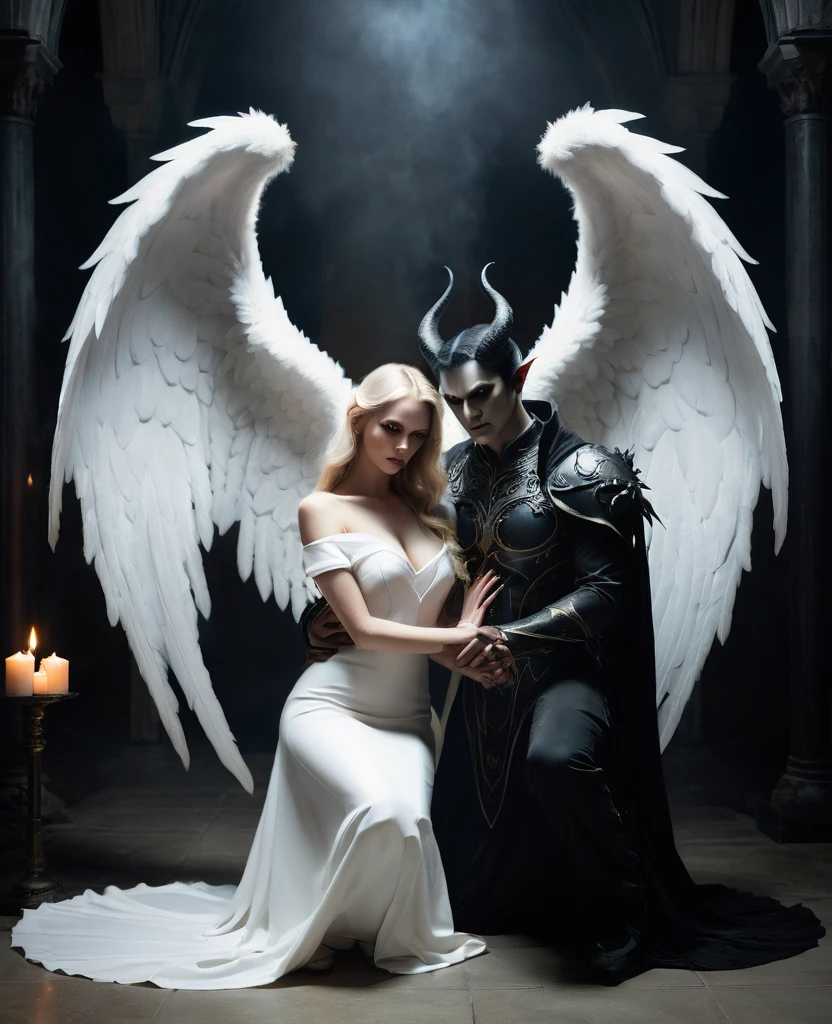 Photo of a couple. Black winged demon man and blonde angel woman dressed in white. A dark room illuminated only by the dim light of a candle. An imposing looking demon, with black wings and burning eyes, Hold firmly a fallen angel with white wings and a serene face, in a pose of submission. The angel is kneeling, looking at him from the front up with devotion, while the demon looks at him with a mixture of power and desire. The atmosphere is gothic and full of dark symbolism