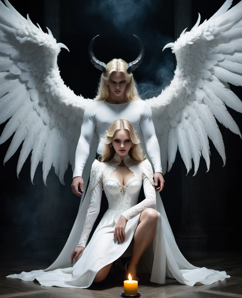 Photo of a couple. Black winged demon man and blonde angel woman dressed in white. A dark room illuminated only by the dim light of a candle. An imposing looking demon, with black wings and burning eyes, Hold firmly a fallen angel with white wings and a serene face, in a pose of submission. The angel is kneeling, looking at him from the front up with devotion, while the demon looks at him with a mixture of power and desire. The atmosphere is gothic and full of dark symbolism