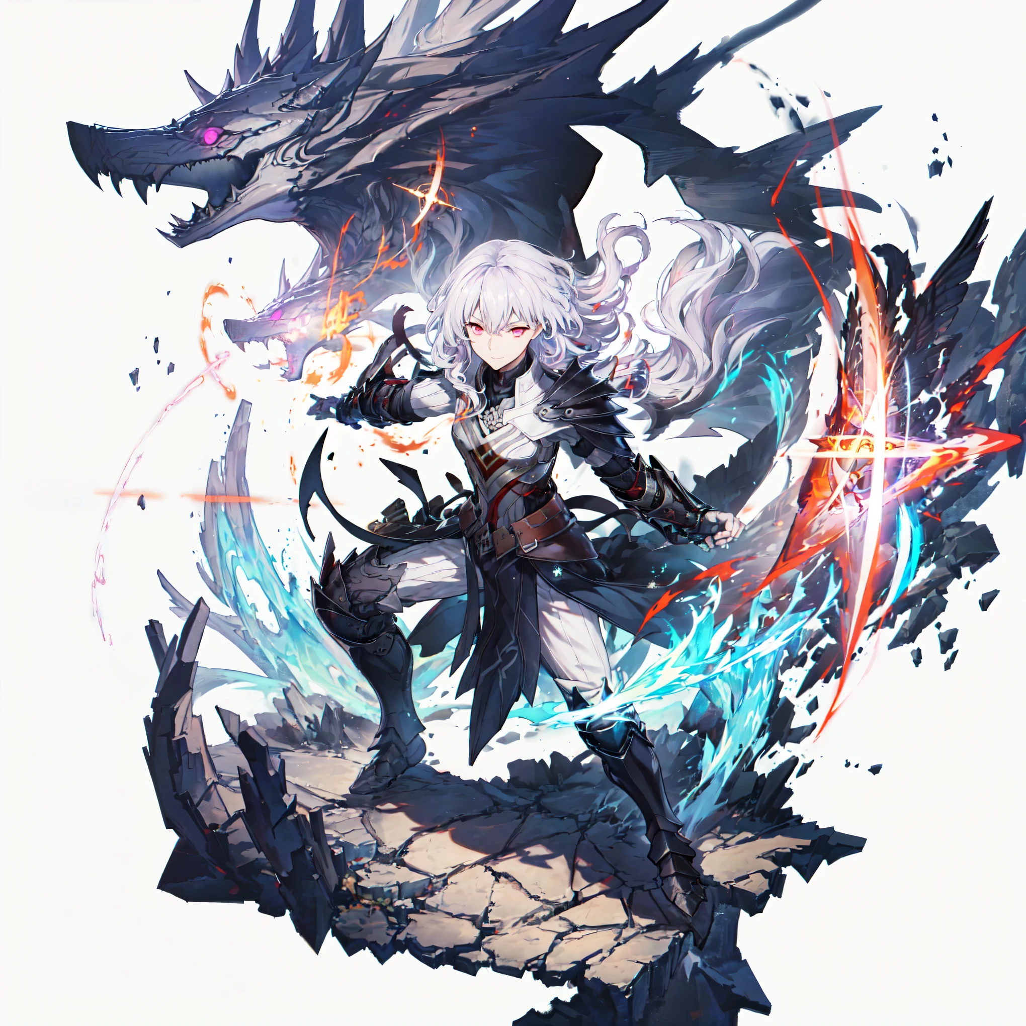 [(white background:1.5), ::2]1girl, solo,(isometric:0.75), best quality, (extremely detailed CG unity 8k wallpaper), (best quality), (best illustration), (best shadow), absurdres, realistic lighting, (Abyss), beautiful detailed glow, anime, dark sakura, pink eyes, white hair, herrscher, Herrscher of the Void, black armour, Honkai impact, combat, smirk, serious expression, (aura, energy, battle stance:1.2), dynamic pose, daedric, skyrim, (mythical armor, magic, runic armor, runes:1.22), clear face,