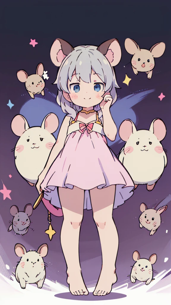 ((masterpiece))((Highest quality))Mouse Ears、girl、smile、blush、Flat Chest、Are thin、、low length、Gray Hair、blush、Are standing、Whole body image、Even your toes are visible、Eye level on face、front、No background、Mouse pose、真frontのアングル、