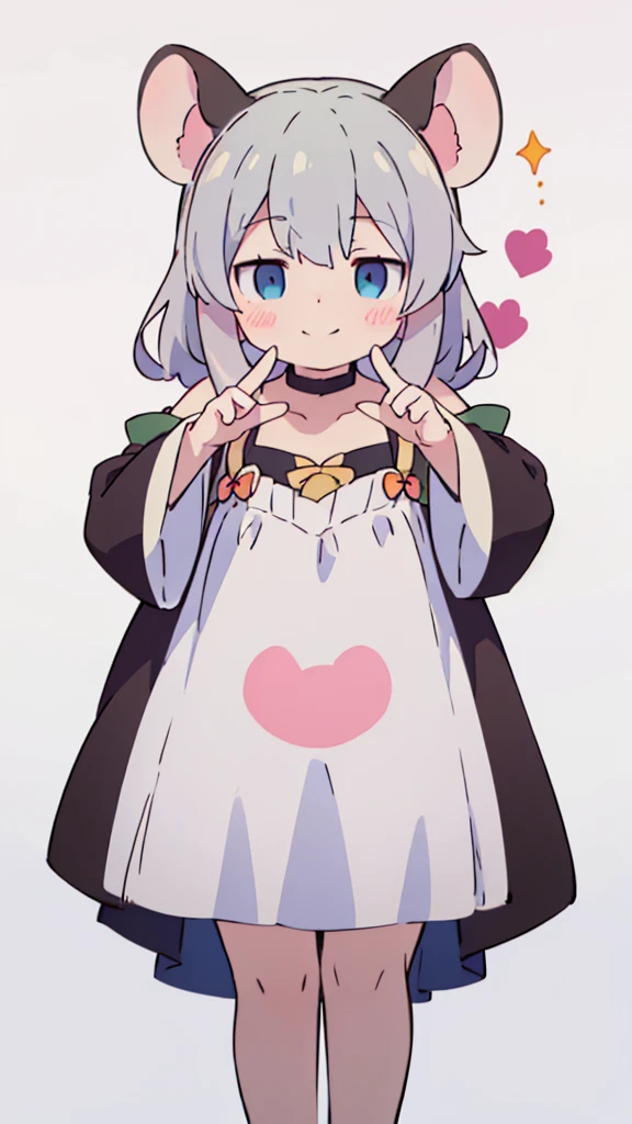 ((masterpiece))((Highest quality))Mouse Ears、girl、smile、blush、Flat Chest、Are thin、、low length、Gray Hair、blush、Are standing、Whole body image、Even your toes are visible、Eye level on face、front、No background、Mouse pose、真frontのアングル、