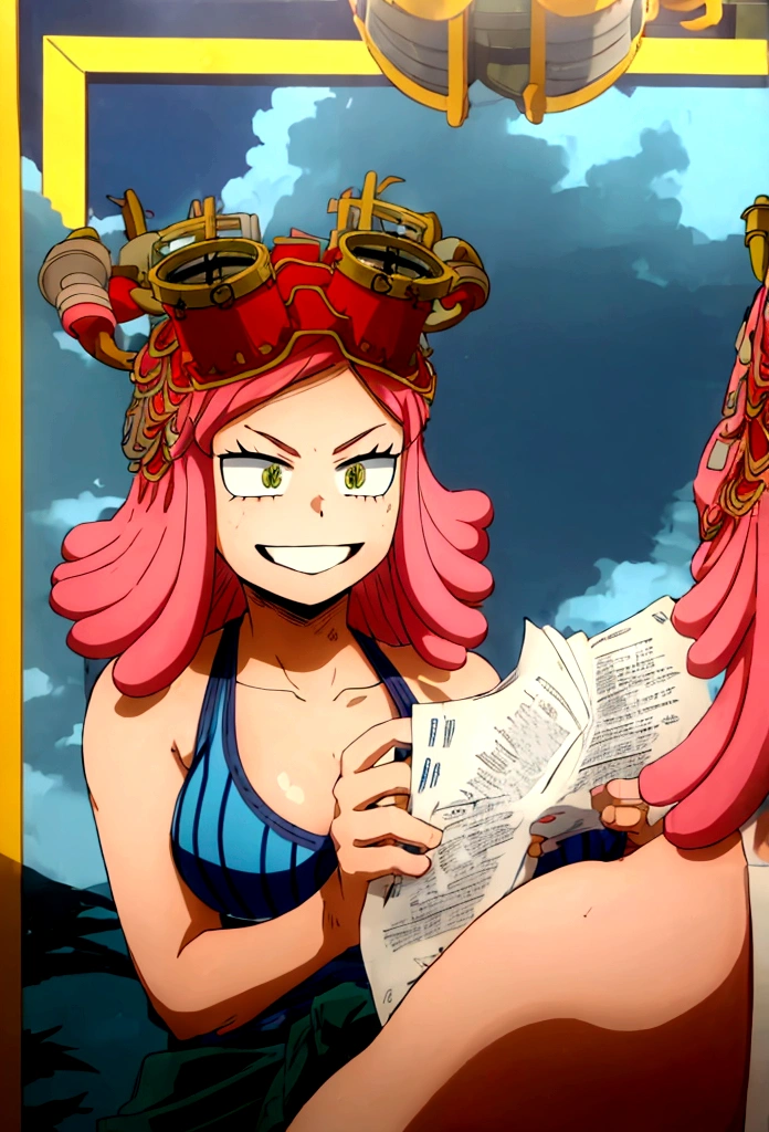 hatsume mei(mha), 1girl solo,pink hair,short hair,goggles on head, TANK TOP,bangs,symbol-shaped pupils, yellow eyes, happy, looking at viewer, Smiling, looking at the viewer, blue theme, blue background, cloudy sky, sunlight, sweat, orgasmic, bikini swimsuit,Bikini, large breasts, cleavage, belly button exposed, collarbone, thighs, sea and beach,