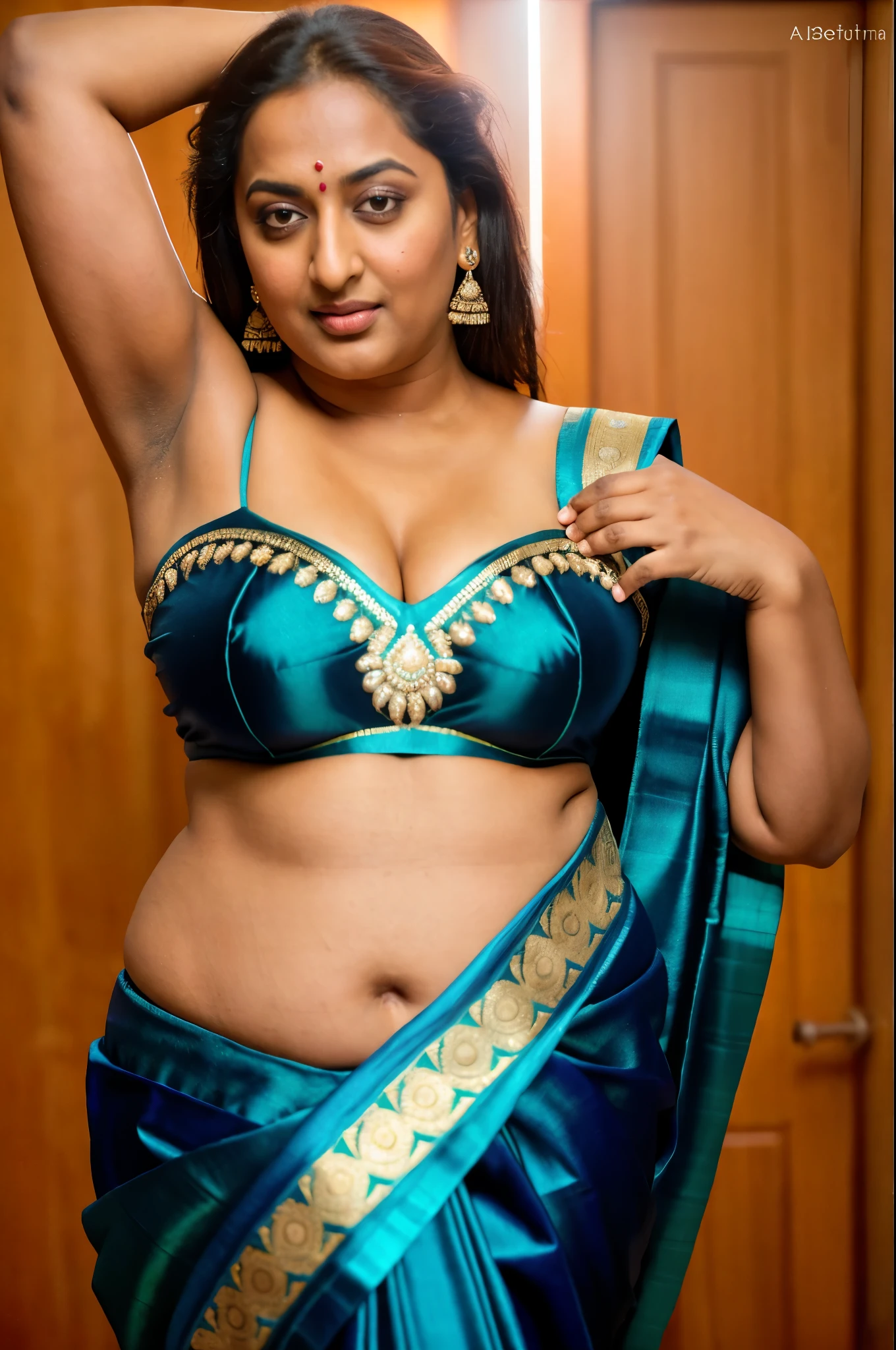 Foto RAW, photorealistic, photography, full body shot, 50 years old Woman, master shot, perfect eyes, goddess like beauty, pierced eyes, perfect thick chubby mallu Desi aunty bhabhi, Wearing a Stanapatta, a chest-band.Saree model, model Photography, Indian saree shoot, Indian traditional wear advertising photography, traditional wear brand shoot, face of Indian actress Sonakshi Sinha, masterpiece, realistic, realism, incredible details,  pleasure, photorealism, detailed skin, skin pores, high contrast, photorealistic Artstation 8k HD digital art trend of high definition and detailed realistic skin texture, ultra detail, realistic skin texture, armature, best quality, ultra high definition, (photorealistic:1.4),, high resolution, detail, raw photo, sweat, Re sharp, by Lee Jefferies Nikon D850 Film Stock Photo 4 Kodak Portra 400 Camera F1.6 Lens Rich Color Ultra Real Realistic Realistic Textures Dramatic Lighting Unreal Engine Trending at Art Station Cinestill 800,(pele altamente detalhada: 1.2), 8k UHD, DSLR, soft-lighting, alta qualidade, grain of film, Fujifilm XT3,she didn't like to wear blouse or bra, she is happy to wear only saree, she hates blouse or bra, detailed hairy armpits, hyper realistic skin, skin pores, sweat, veins, short hairs on armpit, stubble armpits, hyper realistic hairy armpits, 