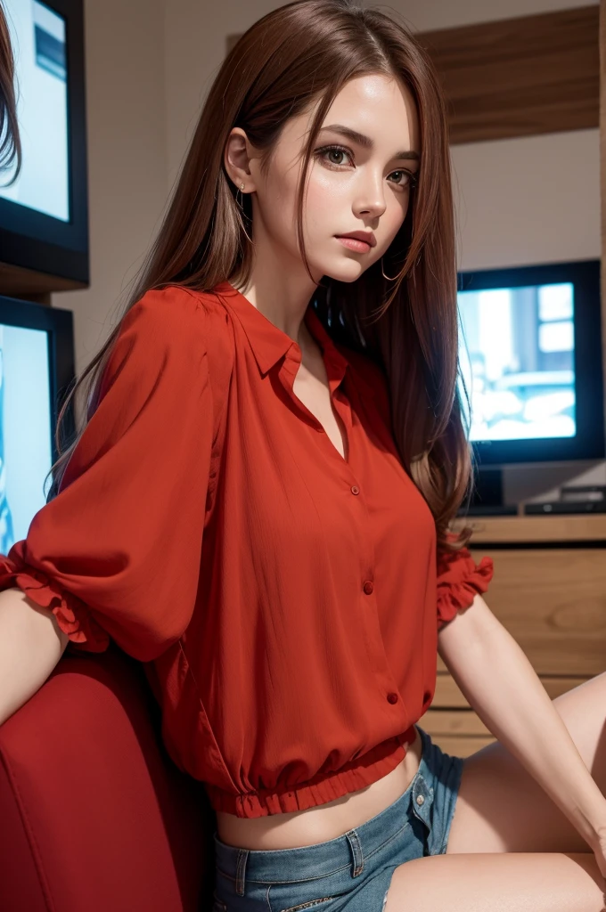 Image of a woman in a red blouse, brown hair and colored shorts watching television