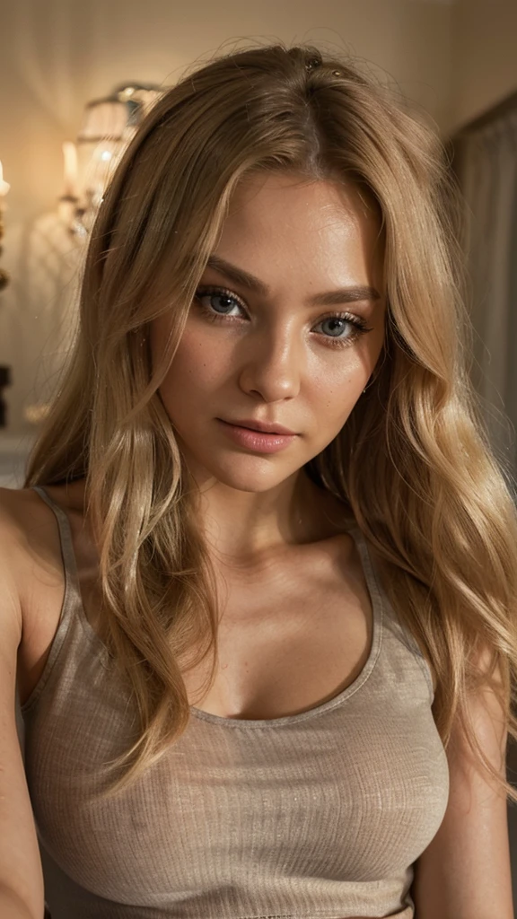 A beautiful blonde woman taking a selfie, wearing a tank top, with detailed skin, perfect cheekbones, luscious lips, long eyelashes, intricate hair in a stylish brushed out look, photorealistic, 8k, high quality, masterpiece, cinematic lighting, warm color palette, soft focus, detailed facial features, elegant pose, serene expression (boobs)