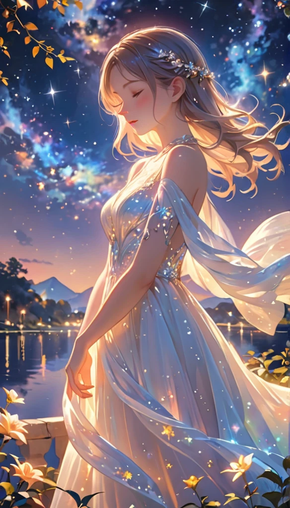 (best quality,4k,8k,highres,masterpiece:1.2),A girl standing alone under the starry night sky, with her silhouette illuminated by the soft moonlight and twinkling stars. Her face is beautifully detailed, with closed eyes, long and fluttering eyelashes, and exquisitely defined lips. She is dressed in an elegant gown, flowing and ethereal, embracing her figure gracefully as it glimmers with a subtle celestial glow. The intricate details of her dress catch the faint starlight, creating a mesmerizing sparkle. The surrounding landscape showcases a serene garden, lush with vibrant foliage and colorful flowers. The air is filled with a gentle breeze, causing the leaves to rustle and the flowers to sway delicately. The garden is bathed in a warm, dreamy color palette, with hues of deep blues, purples, and hints of silver. The atmosphere is calm and tranquil, evoking a sense of peace and serenity. The artwork is of the highest quality, meticulously created with ultra-detailed brushstrokes and precise attention to every element. The texture and depth of the painting are breathtaking, with a sense of realism and photorealism that captures the awe-inspiring beauty of the night sky. The lighting is soft and diffused, casting a gentle glow over the entire scene, enhancing the magical ambiance. The girl's presence radiates a sense of mystery and wonder, as if she holds a secret connected to the celestial beings above. The overall composition evokes a feeling of timelessness and captures the essence of a StarSign, an artwork that embodies the celestial beauty and inner strength of a girl in harmony with the stars. (ai-generated:.25),(dsmile:.25)