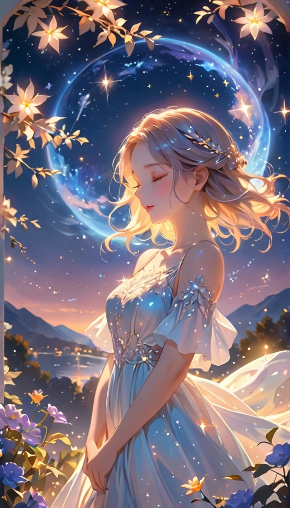 (best quality,4k,8k,highres,masterpiece:1.2),A girl standing alone under the starry night sky, with her silhouette illuminated by the soft moonlight and twinkling stars. Her face is beautifully detailed, with closed eyes, long and fluttering eyelashes, and exquisitely defined lips. She is dressed in an elegant gown, flowing and ethereal, embracing her figure gracefully as it glimmers with a subtle celestial glow. The intricate details of her dress catch the faint starlight, creating a mesmerizing sparkle. The surrounding landscape showcases a serene garden, lush with vibrant foliage and colorful flowers. The air is filled with a gentle breeze, causing the leaves to rustle and the flowers to sway delicately. The garden is bathed in a warm, dreamy color palette, with hues of deep blues, purples, and hints of silver. The atmosphere is calm and tranquil, evoking a sense of peace and serenity. The artwork is of the highest quality, meticulously created with ultra-detailed brushstrokes and precise attention to every element. The texture and depth of the painting are breathtaking, with a sense of realism and photorealism that captures the awe-inspiring beauty of the night sky. The lighting is soft and diffused, casting a gentle glow over the entire scene, enhancing the magical ambiance. The girl's presence radiates a sense of mystery and wonder, as if she holds a secret connected to the celestial beings above. The overall composition evokes a feeling of timelessness and captures the essence of a StarSign, an artwork that embodies the celestial beauty and inner strength of a girl in harmony with the stars. (ai-generated:.25),(dsmile:.25)