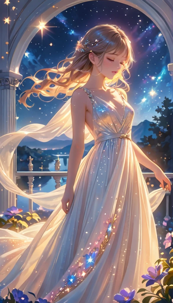 (best quality,4k,8k,highres,masterpiece:1.2),A girl standing alone under the starry night sky, with her silhouette illuminated by the soft moonlight and twinkling stars. Her face is beautifully detailed, with closed eyes, long and fluttering eyelashes, and exquisitely defined lips. She is dressed in an elegant gown, flowing and ethereal, embracing her figure gracefully as it glimmers with a subtle celestial glow. The intricate details of her dress catch the faint starlight, creating a mesmerizing sparkle. The surrounding landscape showcases a serene garden, lush with vibrant foliage and colorful flowers. The air is filled with a gentle breeze, causing the leaves to rustle and the flowers to sway delicately. The garden is bathed in a warm, dreamy color palette, with hues of deep blues, purples, and hints of silver. The atmosphere is calm and tranquil, evoking a sense of peace and serenity. The artwork is of the highest quality, meticulously created with ultra-detailed brushstrokes and precise attention to every element. The texture and depth of the painting are breathtaking, with a sense of realism and photorealism that captures the awe-inspiring beauty of the night sky. The lighting is soft and diffused, casting a gentle glow over the entire scene, enhancing the magical ambiance. The girl's presence radiates a sense of mystery and wonder, as if she holds a secret connected to the celestial beings above. The overall composition evokes a feeling of timelessness and captures the essence of a StarSign, an artwork that embodies the celestial beauty and inner strength of a girl in harmony with the stars. (ai-generated:.25),(dsmile:.25)