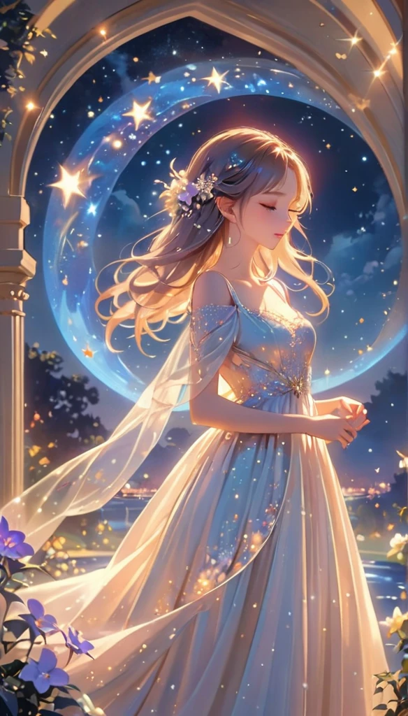 (best quality,4k,8k,highres,masterpiece:1.2),A girl standing alone under the starry night sky, with her silhouette illuminated by the soft moonlight and twinkling stars. Her face is beautifully detailed, with closed eyes, long and fluttering eyelashes, and exquisitely defined lips. She is dressed in an elegant gown, flowing and ethereal, embracing her figure gracefully as it glimmers with a subtle celestial glow. The intricate details of her dress catch the faint starlight, creating a mesmerizing sparkle. The surrounding landscape showcases a serene garden, lush with vibrant foliage and colorful flowers. The air is filled with a gentle breeze, causing the leaves to rustle and the flowers to sway delicately. The garden is bathed in a warm, dreamy color palette, with hues of deep blues, purples, and hints of silver. The atmosphere is calm and tranquil, evoking a sense of peace and serenity. The artwork is of the highest quality, meticulously created with ultra-detailed brushstrokes and precise attention to every element. The texture and depth of the painting are breathtaking, with a sense of realism and photorealism that captures the awe-inspiring beauty of the night sky. The lighting is soft and diffused, casting a gentle glow over the entire scene, enhancing the magical ambiance. The girl's presence radiates a sense of mystery and wonder, as if she holds a secret connected to the celestial beings above. The overall composition evokes a feeling of timelessness and captures the essence of a StarSign, an artwork that embodies the celestial beauty and inner strength of a girl in harmony with the stars. (ai-generated:.25),(dsmile:.25)