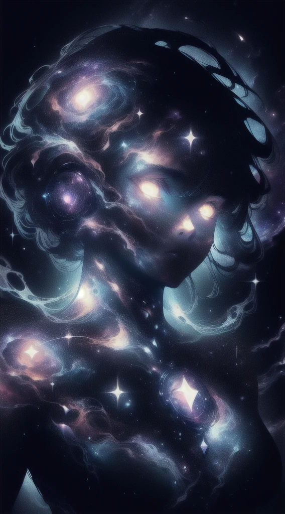 detailed galactic cyborg face, glowing galaxy nebula, dramatic lighting, hyperrealistic, photorealistic, intricate details, cinematic, chiaroscuro, dramatic pose, looking up at the sky, space, ultra detailed, space background