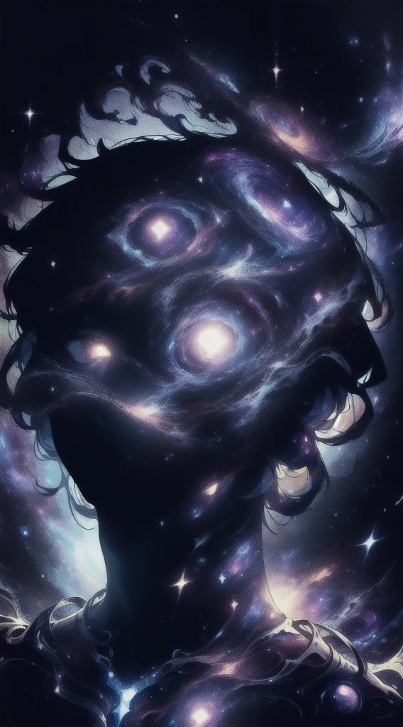 detailed galactic cyborg face, glowing galaxy nebula, dramatic lighting, hyperrealistic, photorealistic, intricate details, cinematic, chiaroscuro, dramatic pose, looking up at the sky, space, ultra detailed, space background