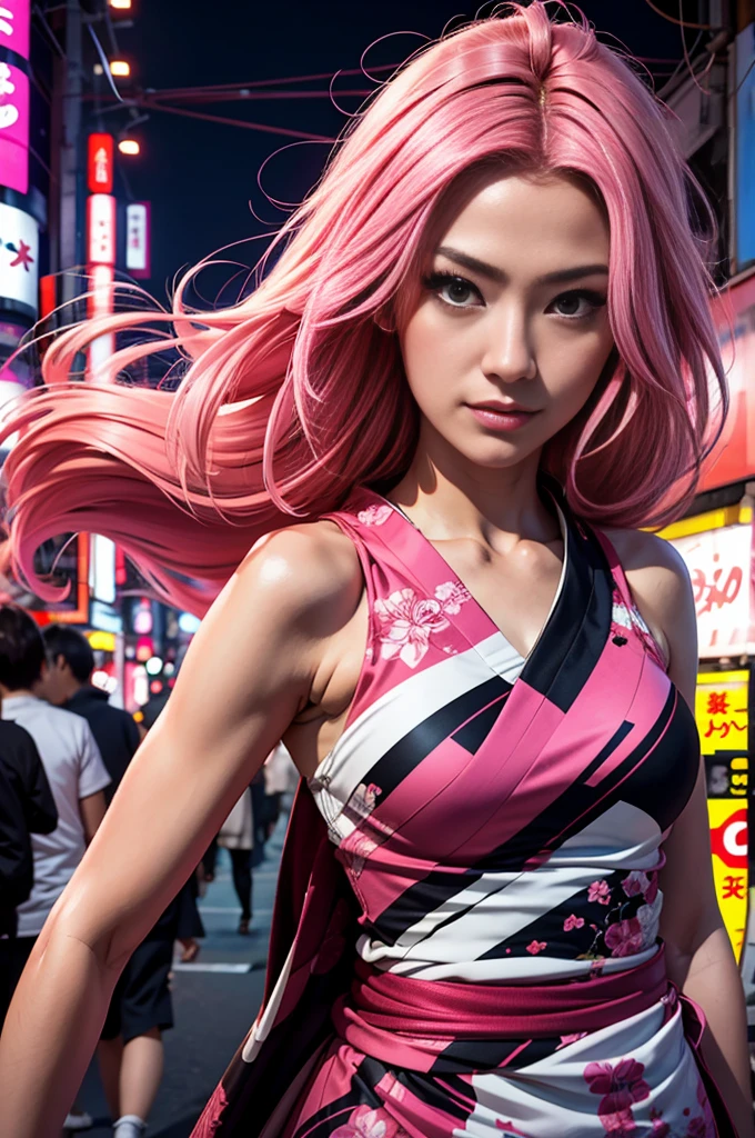 Tokyo, Kabukicho, long hair fluttering in the wind, pink hair, High definition, don