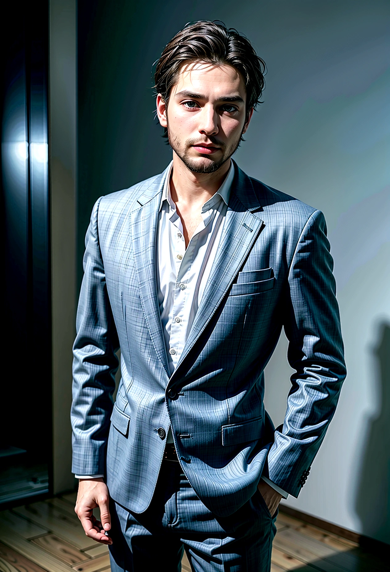attractive 30 year old man in Hugo Boss suit , Nice beard , Executive Sexy Man, Suit then, Front camera focus, portrait mode, perfectly straight in front of the camera , full body standing , hands in pockets