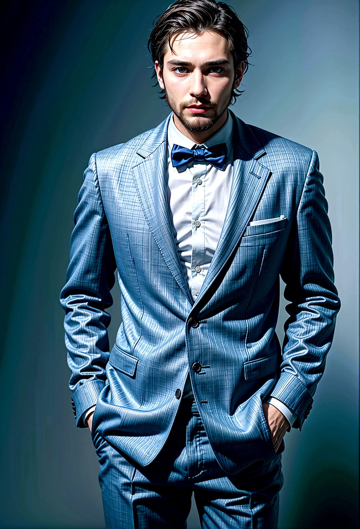 attractive 30 year old man in Hugo Boss suit , Nice beard , Executive Sexy Man, Suit then, Front camera focus, portrait mode, perfectly straight in front of the camera , full body standing , hands in pockets