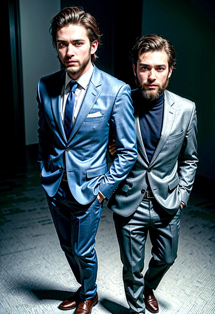 attractive 30 year old man in Hugo Boss suit , Nice beard , Executive Sexy Man, Suit then, Front camera focus, portrait mode, perfectly straight in front of the camera , full body standing , hands in pockets