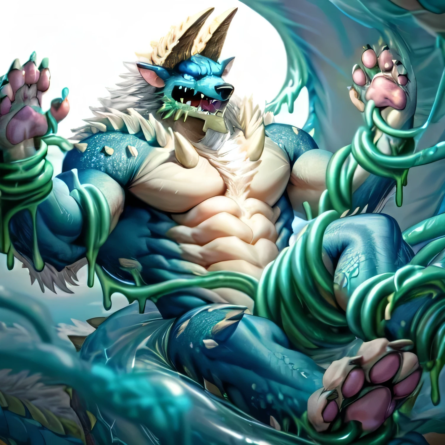 anthropology,(zinogre:1.2),Tail,((whole body,blue eyes, Blue body, White furry, Yellow Hand, Feet, Blue face,4 toes,Tail )),,muscular, whole body, (author:null-ghost,From raccoon21,masterpiece,high quality), Night Fight,((boundary)), rest (((Slime monster uses tentacles to fight dragon)),4 toes,struggle, (pain:1.3),frown,annoyed, Worry,full body,pawpads,((horns))