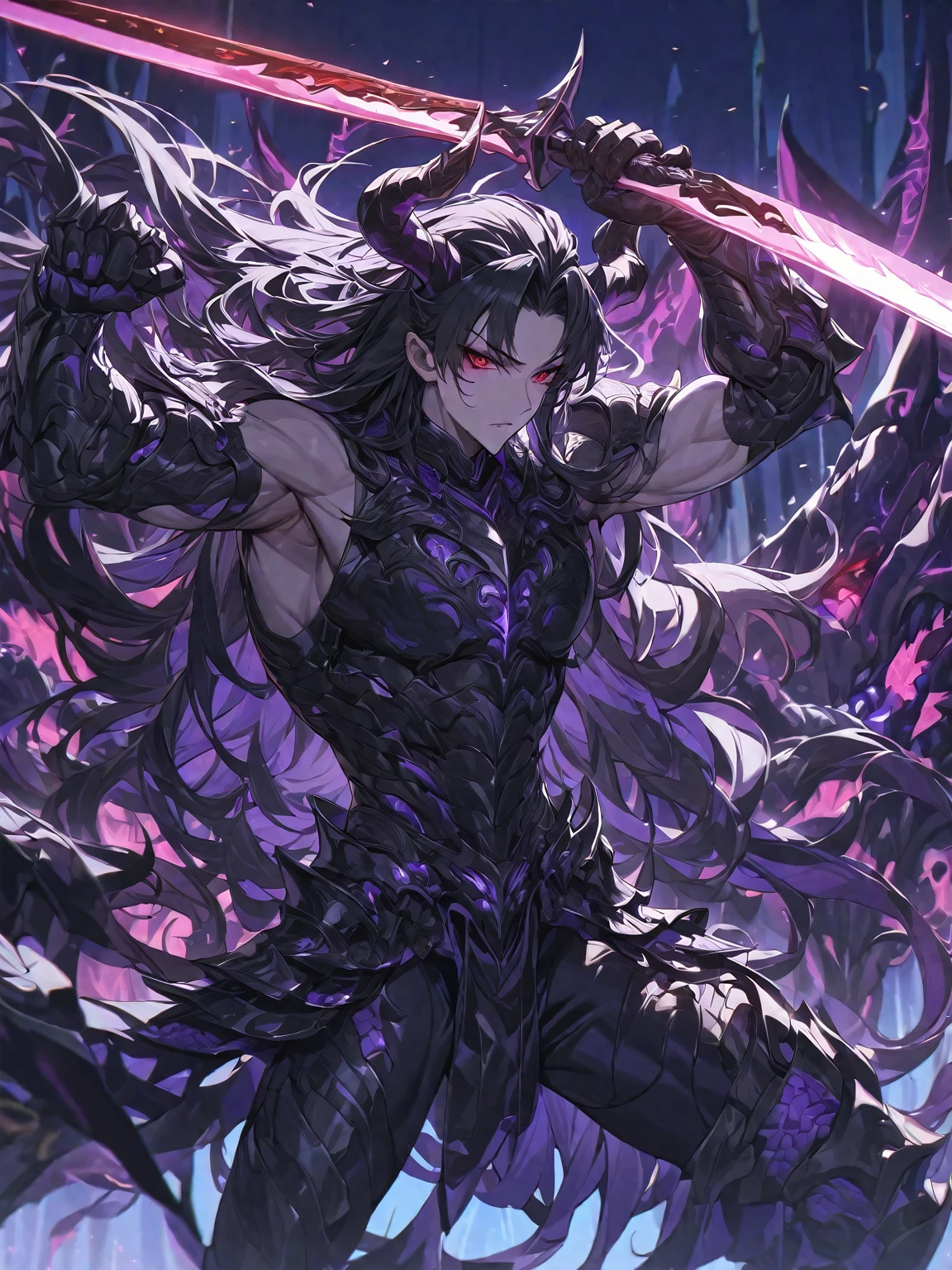 Masterpiece, Very detailed, ultra detailed, one, beautiful, (1 man), with a sporty body, V-shaped shoulders, he is in a fighting pose, black detailed armor with glowing purple details, black demonic horns, long hair, black hair, purple with red eye tones, a man has a huge and long sword in his hand, Black light