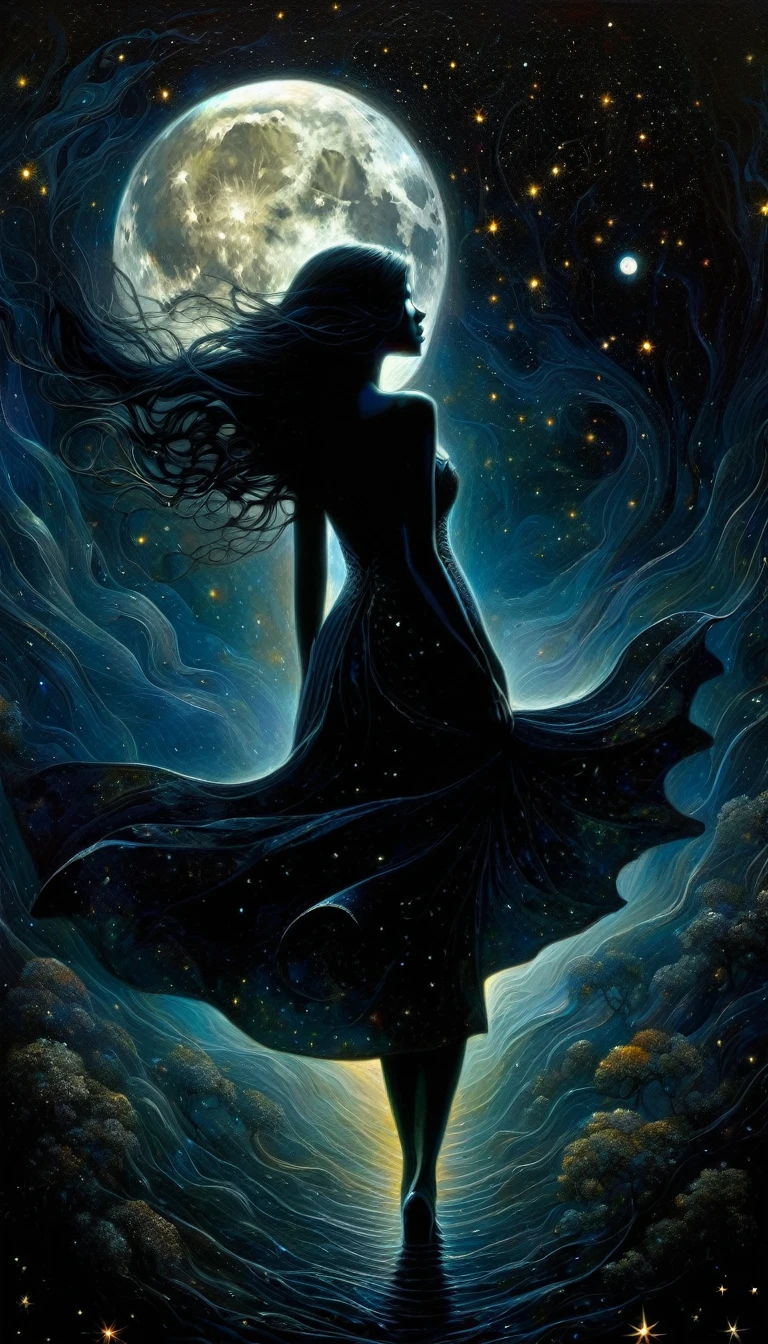 sexy, dark, loneliness, magic, fantastic, night sky, moon, stars, background, (art inspired by Dave mcKean, intricate details, oil painted )